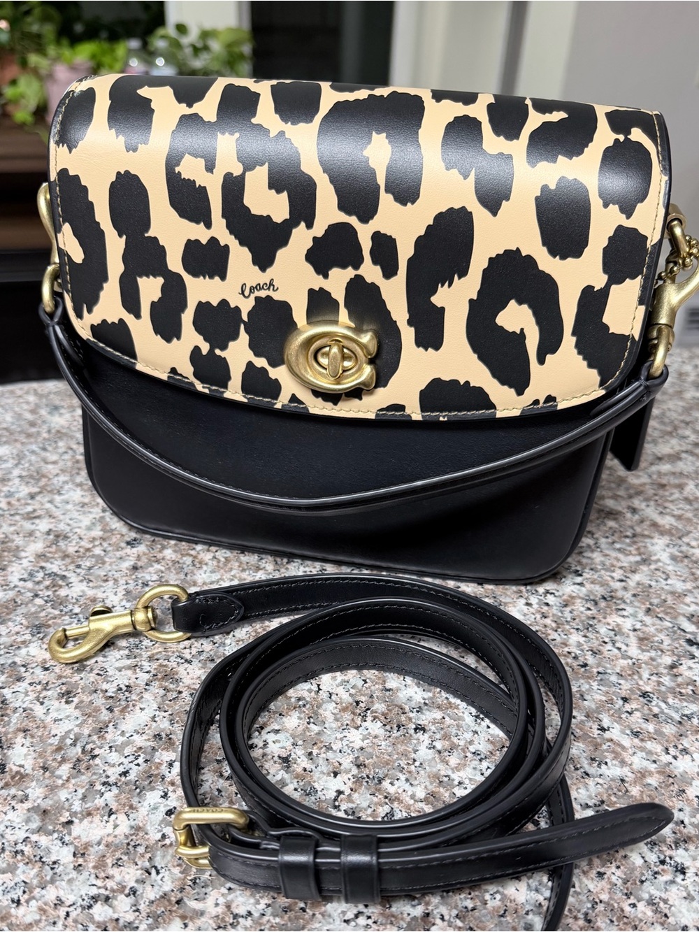 Coach Leopard Cheetah Black Leather Cassie 19 Crossbody Shoulder Purse CM571